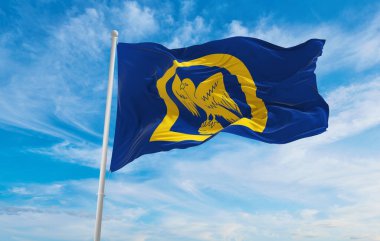 Gün batımında bulutlu arka planda Kanat Köyü bayrağı, panoramik manzara. Büyük Britanya Birleşik Krallığı, İngiltere. Geniş afiş afiş için boşluk kopyala. 3d illüstrasyon