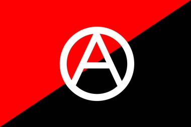 Anarşistlerin sembollü bayrağının üst görüntüsü. Anarşizm sembolü. Bayrak direği yok. Uçak tasarımı, tasarım. Bayrak arkaplanı