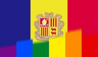Andorra 'nın ulusal lgbt bayrağının en üst görüntüsü, bayrak direği yok. Uçak tasarımı, yerleşim planı, bayrak arka planı. Özgürlük ve aşk konsepti, Gurur ayı. Eylemcilik, toplum ve özgürlük