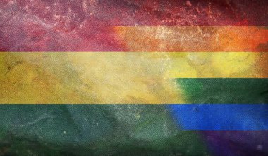 Bolivya 'nın ulusal lgbt retro bayrağının grunge desenli üst görüntüsü, bayrak direği yok. Uçak tasarımı, tasarım. Bayrak arkaplanı. Özgürlük ve aşk kavramı. Gurur ayı. Eylemcilik, toplum ve özgürlük