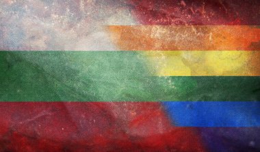 Grunge desenli, bayrak direği olmayan Bulgaristan 'ın ulusal lgbt retro bayrağının üst görüntüsü. Uçak tasarımı, tasarım. Bayrak arkaplanı. Özgürlük ve aşk kavramı. Gurur ayı. Eylemcilik, toplum ve özgürlük