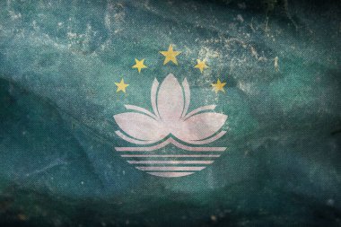 Eski Macau bayrağının grunge desenli üst görüntüsü. Çin Halk Cumhuriyeti. Bayrak direği yok. Uçak tasarımı, tasarım. Bayrak arkaplanı