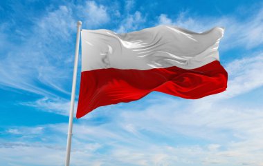 Thuringia bayrağı, bulutlu gökyüzü arka planında, günbatımında, panoramik manzara. Almanya Federal Cumhuriyeti. Geniş afiş afiş için boşluk kopyala. 3d illüstrasyon