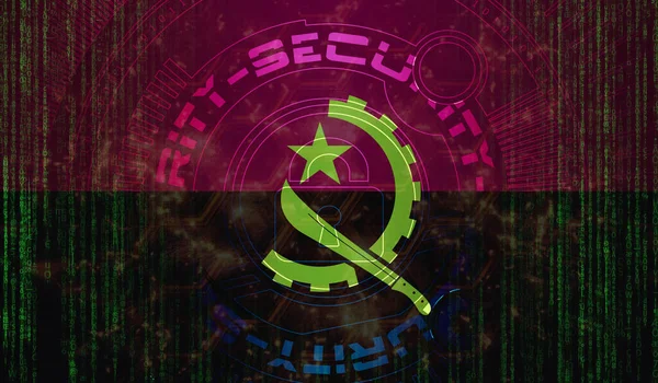 デジタル背景にアンゴラの国家サイバーセキュリティデータ保護 安全システムの概念 暗い旗の背景にシンボルをロック — ストック写真
