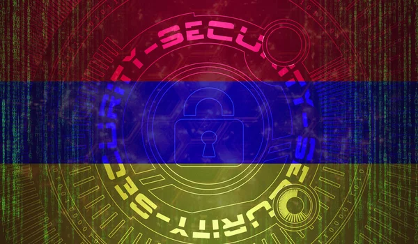 アルメニアの国家サイバーセキュリティ デジタル背景データ保護 安全システムの概念 暗い旗の背景にシンボルをロック — ストック写真
