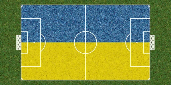 Ovanifrån Grönt Gräs Fotbollsplan Med Flagga Ukraina Fotbollsbakgrund Illustration — Stockfoto