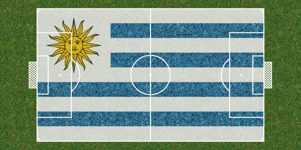 挂满乌拉圭国旗的绿草足球场俯瞰全景 足球背景 3D说明 — 图库照片