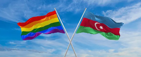 Gekruist Vlaggen Van Lgbt Azerbeidzjan Vlag Zwaaien Wind Bewolkte Hemel — Stockfoto