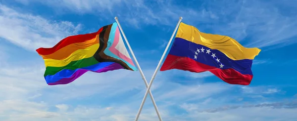 Crossed Flags Progress Lgbt Pride Venezuela Flag Waving Wind Cloudy — Stock Photo, Image