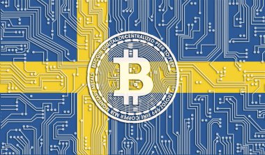 İsveç ve Bitcoin bayrağı, Entegre Devre Kurulu modeli. Bitcoin Stok Büyümesi. Kripto para birimi ve Engelleme Teknolojisi yatırımcıları için kavramsal görüntü.