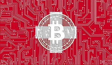 İsviçre bayrağı ve bitcoin, Entegre Devre Kurulu deseni. Bitcoin Stok Büyümesi. Kripto para birimi ve Engelleme Teknolojisi yatırımcıları için kavramsal görüntü.