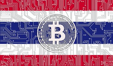 Tayland ve Bitcoin bayrağı, Entegre Devre Kurulu deseni. Bitcoin Stok Büyümesi. Kripto para birimi ve Engelleme Teknolojisi yatırımcıları için kavramsal görüntü.