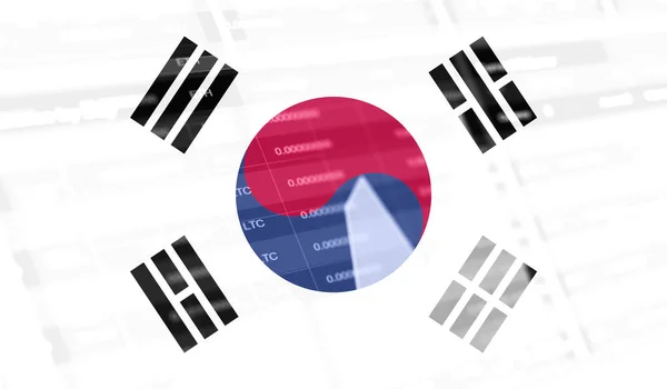 한국의 국기와 시장의 그래프바 암호화 비트코인 증가세 암호화 자물쇠 분야의 — 스톡 사진