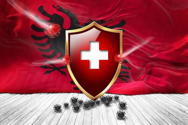 阿尔巴尼亚国旗与金属死神红色盾牌 病毒保护 卫生盾牌 病毒疫苗保护琼脂糖病毒 医疗保健 安全徽章的概念 3D插图 — 图库照片