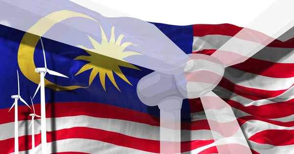 Vindturbiner Bakgrunden Malaysia Flagga Hållbar Utveckling Förnybar Energi Nationellt Koncept — Stockfoto