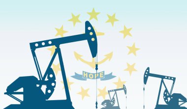 Rhode Island eyaleti bayrağına karşı yağ pompası silueti. Ham petrol ve gaz çıkarma derecesinde. Petrol alanları ve petrol şirketleri, hidrokarbon pazarı, sanayi