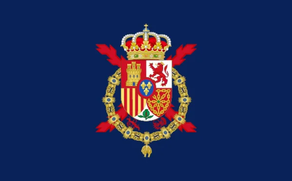 西班牙国王胡安 卡洛斯一世的头像 西班牙旅行和爱国心的概念 没有旗杆 平面设计布局 国旗背景 — 图库照片