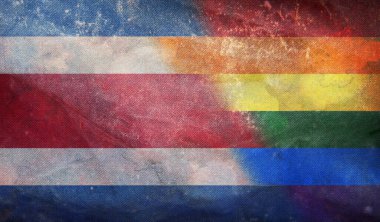 Kosta Rika 'nın ulusal lgbt retro bayrağının grunge dokusuyla üst görüntüsü, bayrak direği yok. Uçak tasarımı, tasarım. Bayrak arkaplanı. Özgürlük ve aşk kavramı. Gurur ayı. Eylemcilik, toplum ve özgürlük