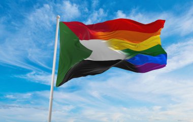 Sudan bayrağının ulusal bayrağı bulutlu gökyüzünde rüzgarda dalgalanıyor. Özgürlük ve aşk kavramı. Gurur ayı. Eylemcilik, toplum ve özgürlük kavramı. Uzayı kopyala 3d illüstrasyon