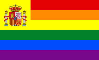 Gay, İspanya bayrağının üst görüntüsü, bayrak direği yok. Uçak tasarımı, tasarım. Bayrak arkaplanı. Özgürlük ve aşk kavramı. Gurur ayı, aktivizm, toplum ve özgürlük