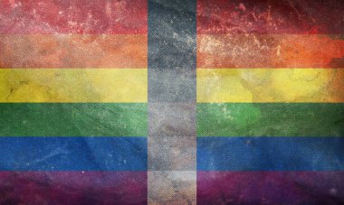 Homoesnek ve grunge desenli retro bayrağın üst görüntüsü, bayrak direği yok. Uçak tasarımı, tasarım. Bayrak arkaplanı. Özgürlük ve aşk kavramı. Gurur ayı, aktivizm, toplum ve özgürlük