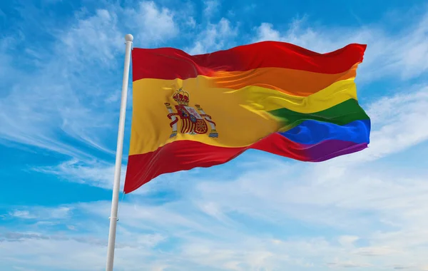 Bandera Nacional Lgbt España Ondeando Viento Cielo Nublado Concepto Libertad —  Fotos de Stock