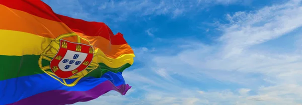 Flag Portugal Lgbt Waving Wind Cloudy Sky Freedom Love Concept — Stock Photo, Image