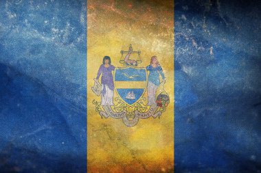 Philadelphia, Pennsylvania 'nın retro bölgesinin en iyi manzarası. Grunge desenli, ABD bayrak direği yok. Uçak tasarımı planı. Bayrak arkaplanı