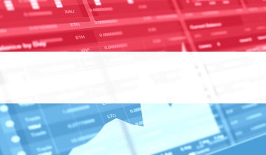 Lüksemburg ve borsa grafik barı bayrağı. Kripto para birimi. Bitcoin Stok Büyümesi. Kripto para birimi ve Engelleme Teknolojisi yatırımcıları için kavramsal görüntü.