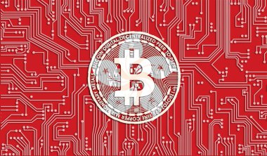 Hong Kong ve Bitcoin bayrağı, Entegre Devre Kurulu modeli. Bitcoin Stok Büyümesi. Kripto para birimi ve Engelleme Teknolojisi yatırımcıları için kavramsal görüntü.