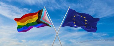 İlerleme bayraklarını aştı lgbt gururu ve Avrupa Birliği bulutlu gökyüzünde rüzgarda sallanıyor. Özgürlük ve aşk kavramı. Gurur ayı. Eylemcilik, toplum ve özgürlük kavramı. Uzayı kopyala 3d illüstrasyon