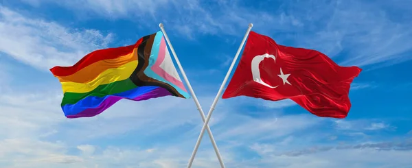 Gekruist Vlaggen Van Vooruitgang Lgbt Trots Turkije Vlag Zwaaien Wind — Stockfoto