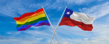 Bulutlu gökyüzünde rüzgarda dalgalanan Lgbt ve Şili bayrağının çapraz bayrakları. Özgürlük ve aşk kavramı. Gurur ayı. Eylemcilik, toplum ve özgürlük kavramı. Uzayı kopyala 3d illüstrasyon