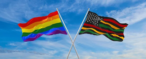 Keresztbe Zászlók Lgbt Fekete Történelem Hónap Usa Zászló Lengett Szél — Stock Fotó