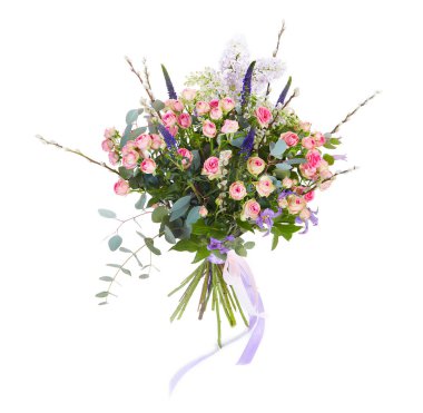 Beyazlar içinde izole bir düğün buketi. Taze, yemyeşil renkli çiçekler.