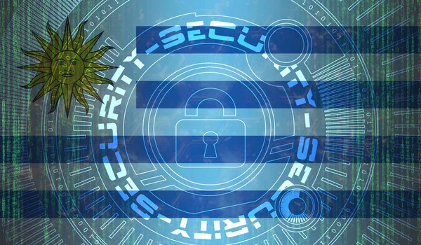 デジタル背景にウルグアイの国家サイバーセキュリティデータ保護 安全システムの概念 暗い旗の背景にシンボルをロック — ストック写真