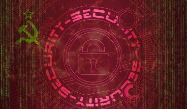 SSCB 'nin dijital arka plandaki ulusal siber güvenliği, veri koruması, güvenlik sistemleri kavramı. Siyah bayrak arkaplanındaki simgeyi kilitle