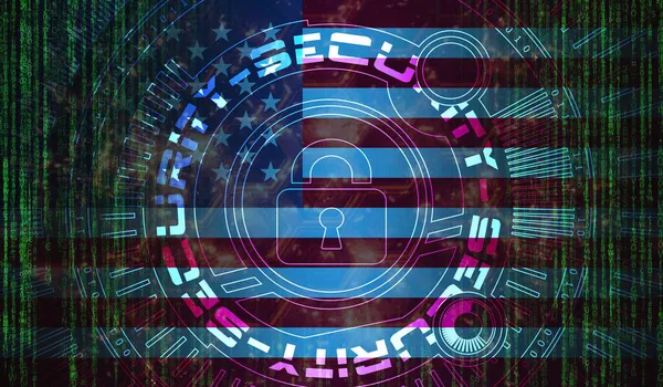 Usas Nasjonale Datasikkerhet Digital Bakgrunnsdatavern Sikkerhetssystemkonseptet Låsesymbol Mørk Flaggbakgrunn – stockfoto