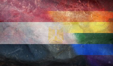 Grunge desenli, bayrak direği olmayan Mısır 'ın eski ulusal lgbt bayrağının üst görüntüsü. Uçak tasarımı, tasarım. Bayrak arkaplanı. Özgürlük ve aşk konsepti, Gurur ayı. Eylemcilik, toplum ve özgürlük