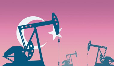 Türkiye bayrağına karşı yağ pompalarının silueti. Ham petrol ve gaz çıkarma derecesinde. Petrol alanları ve petrol şirketleri, hidrokarbon pazarı, sanayi