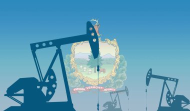 Vermont eyaletinin bayrağına karşı yağ pompası silueti. Ham petrol ve gaz çıkarma derecesinde. Petrol alanları ve petrol şirketleri, hidrokarbon pazarı, sanayi