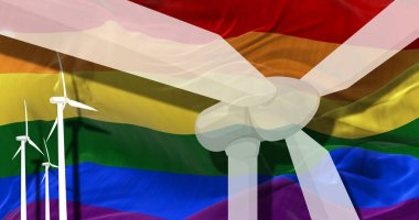 LGBT bayrağının arka planında rüzgar türbinleri. sürdürülebilir kalkınma, yenilenebilir enerji, ulusal alternatif enerji çevre kavramı. 3d illüstrasyon