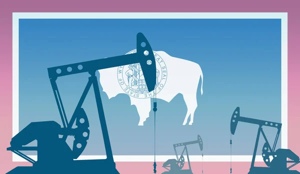Silhueta Bomba Óleo Contra Bandeira Estado Wyoming Eua Extração Petróleo — Fotografia de Stock