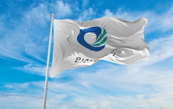 Zászló Incheon Dél Korea Felhős Égbolt Háttér Naplemente Panorámás Kilátás — Stock Fotó