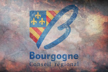 Bourgogne 'un eski bölgesi, Fransa' nın grunge dokusuyla retroflasyonun en üst görüntüsü. Fransız vatansever ve seyahat konsepti. Bayrak direği yok. Uçak tasarımı, tasarım. Bayrak arkaplanı