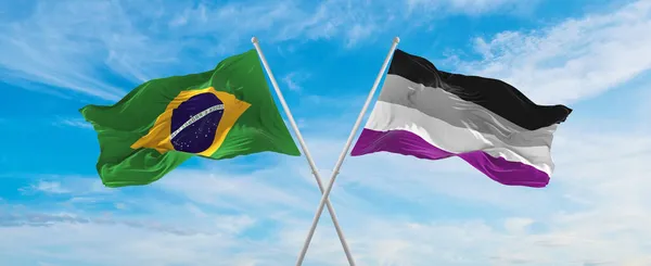 Přeplouvaly Národní Vlajky Brazílie Asexualita Pýcha Vlaje Větru Zamračené Obloze — Stock fotografie