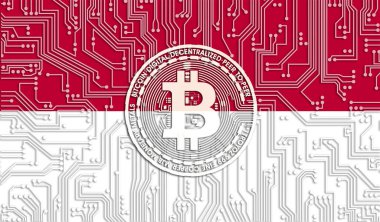Endonezya ve Bitcoin bayrağı, Entegre Devre Kurulu deseni. Bitcoin Stok Büyümesi. Kripto para birimi ve Engelleme Teknolojisi yatırımcıları için kavramsal görüntü.