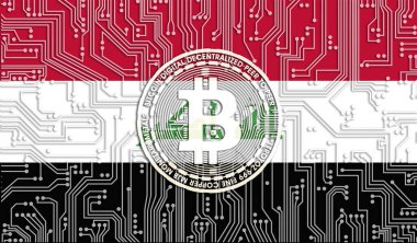 Irak ve Bitcoin bayrağı, Entegre Devre Kurulu modeli. Bitcoin Stok Büyümesi. Kripto para birimi ve Engelleme Teknolojisi yatırımcıları için kavramsal görüntü.