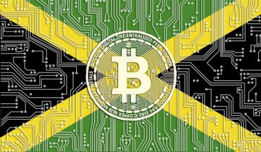 Jamaika ve Bitcoin bayrağı, Entegre Devre Kurulu modeli. Bitcoin Stok Büyümesi. Kripto para birimi ve Engelleme Teknolojisi yatırımcıları için kavramsal görüntü.