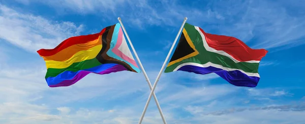 Cruzou Bandeiras Progresso Lgbt Orgulho Bandeira África Sul Acenando Vento — Fotografia de Stock